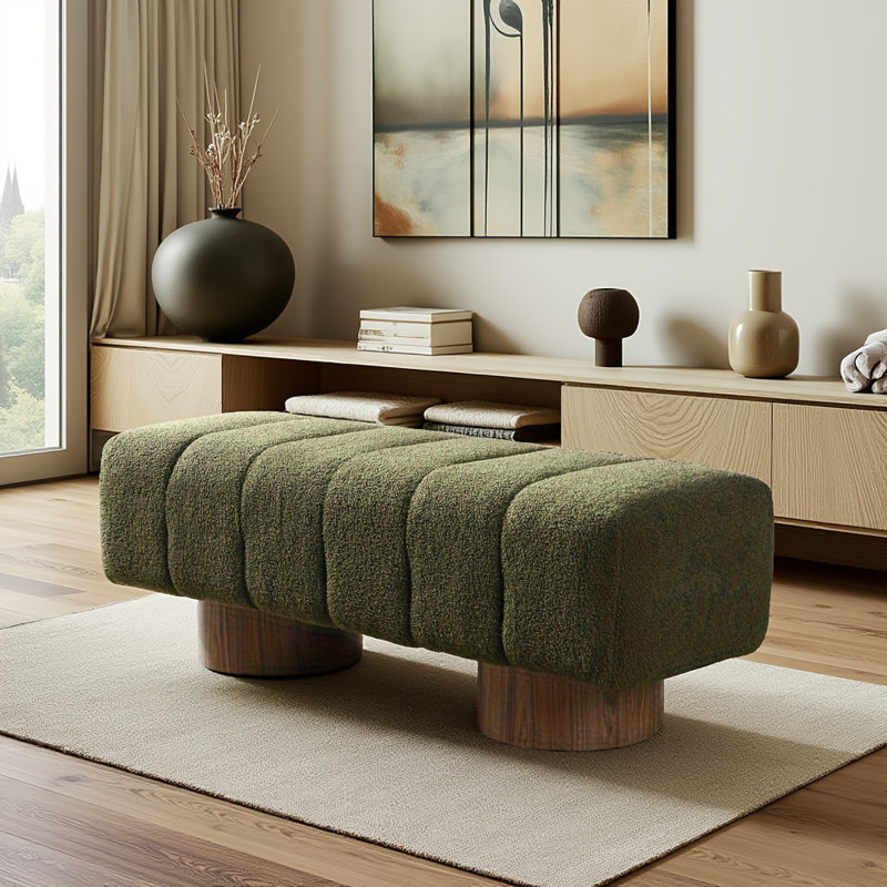 Banc rembourré en tissu 50 po avec pieds en bois Boucle