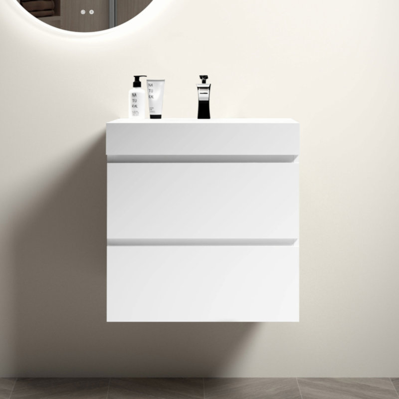 Lavabo intégré à surface solide sans drain ni robinet, couleur blanc brillant, sans les armoires