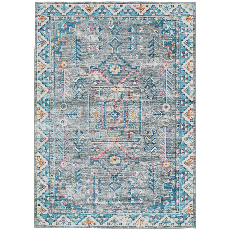 Ducote Washable Gray and Green Machine Woven Area Rug, Rectangle 2' x 3'