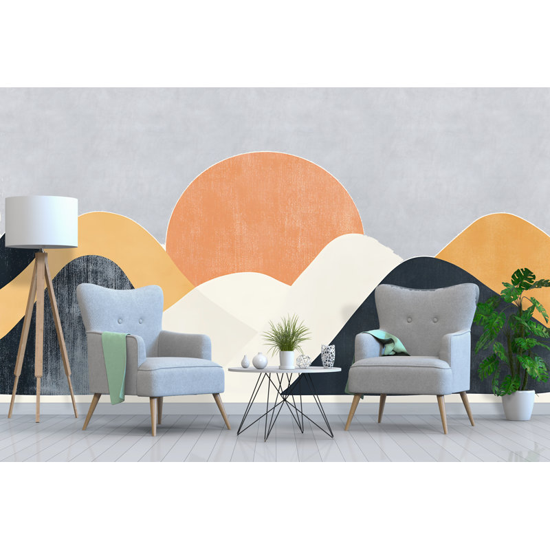 Abstract Mountain Sunset Wall Mural, Mid Century Modern Wall Art, Large Removable Wall Decal For Living Room Or Entryway 096Mv