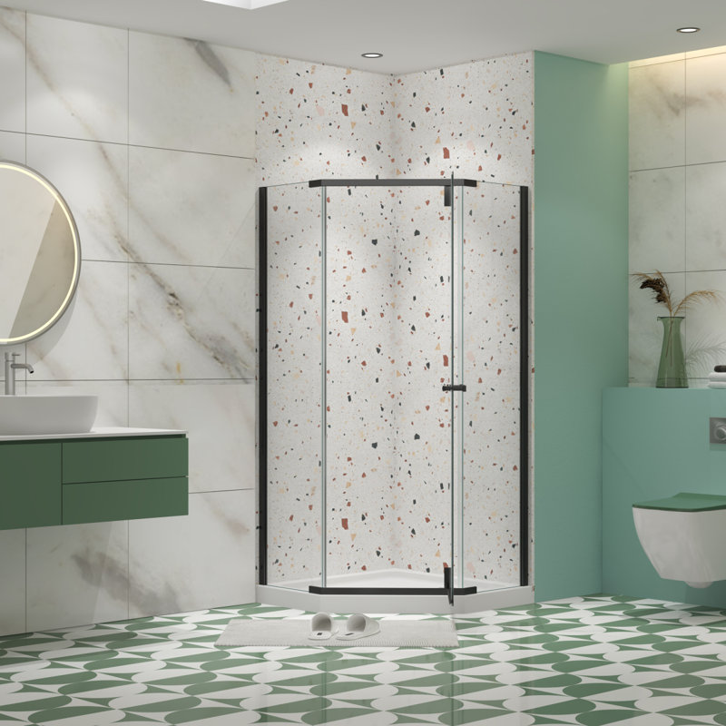 Pivot Shower Door, With 1/4" Tempered Glass, 34.75 In. X 72 In. Frameless Neoangle Pivot Shower Enclosure In Matte Black