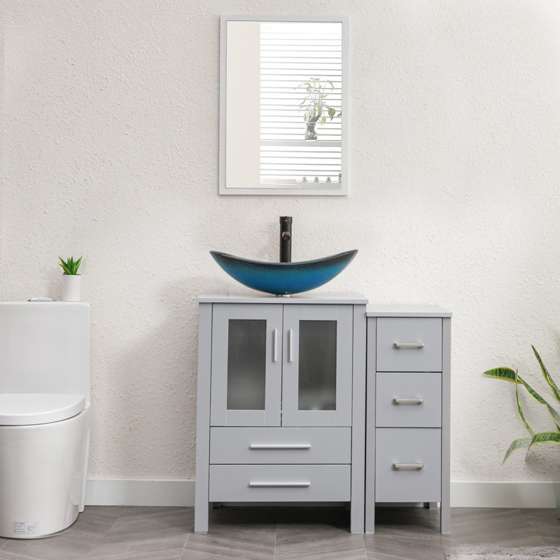 Couleur de la base: blanc; couleur du lavabo: or; meuble-lavabo simple autoportant de 36 po avec comptoir en bois manufacturé, lavabo vasque, robinet, bonde