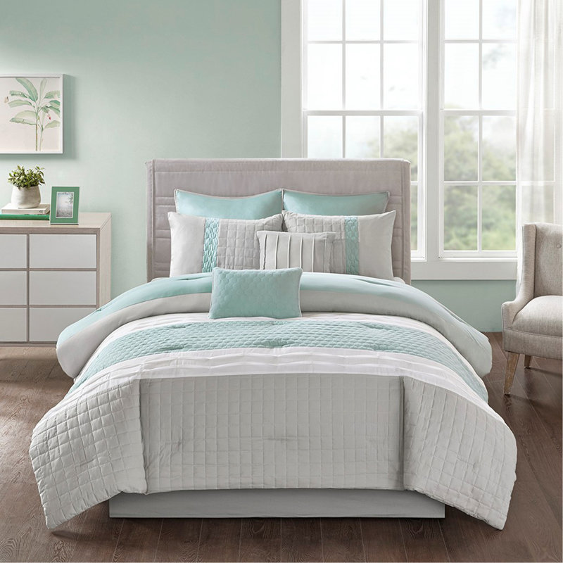 8 Piece Comforter Set Seafoam/Grey Queen