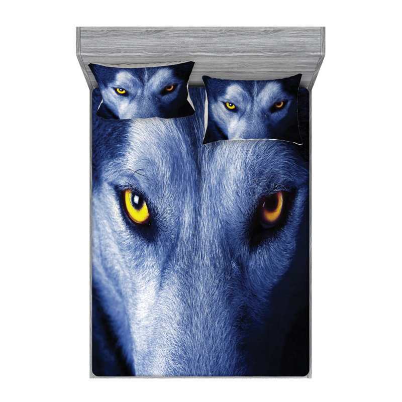 Blue Wolf Print Microfiber Full/Double Sheet and Pillow Sham Set