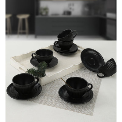 Elegant Tea Cup Set (12 Pieces), Matte Black, 3.6 x 3.6 x 2.4 inches | 100% Ceramic, 7.3 fl oz Capacity | Antibacterial & Thermal Shock Resistant | Dishwasher & Microwave Safe | Perfect for Home & Gatherings