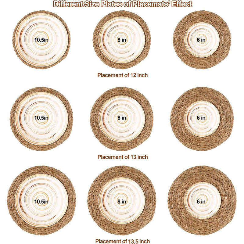Round Woven Placemats Set Of 6 - Boho Rattan Water Hyacinth Placemats For Dining Table, Farmhouse Rustic Braided Wicker Table Mats For Home And Wedding Decor