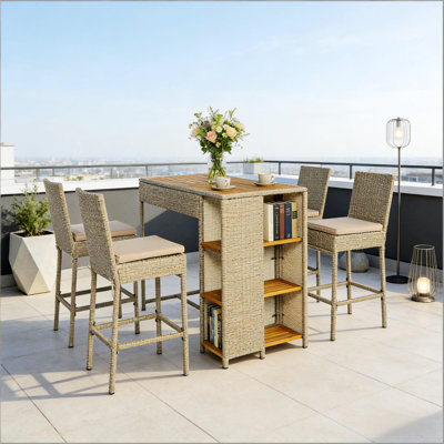 Table et chaises d'extérieur, ensemble de bar d'extérieur en osier 5 pièces avec rangement