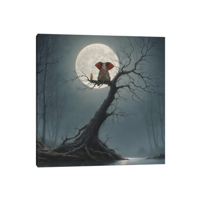 Éléphant et chien assis sur un arbre et regardant la lune - impression d'art mural