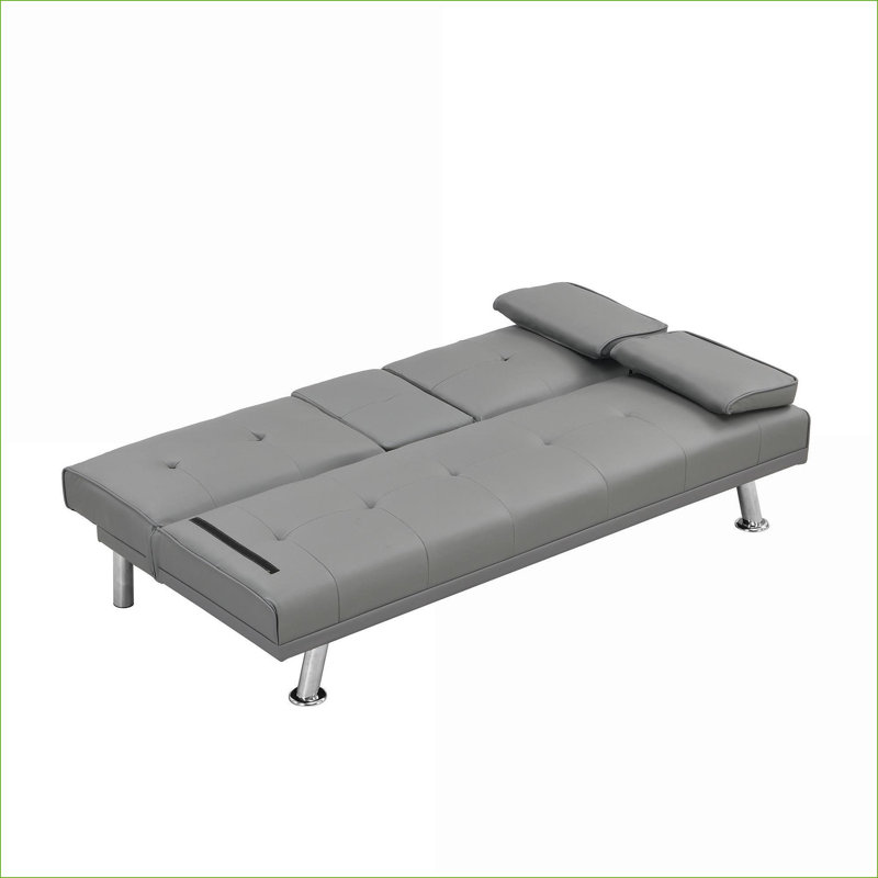 Sofas Couches | Modern Convertible Futon Sofa Bed, Wood Frame, Chrome Silver Legs, For Dorm Living Room Office |Grey|Leather