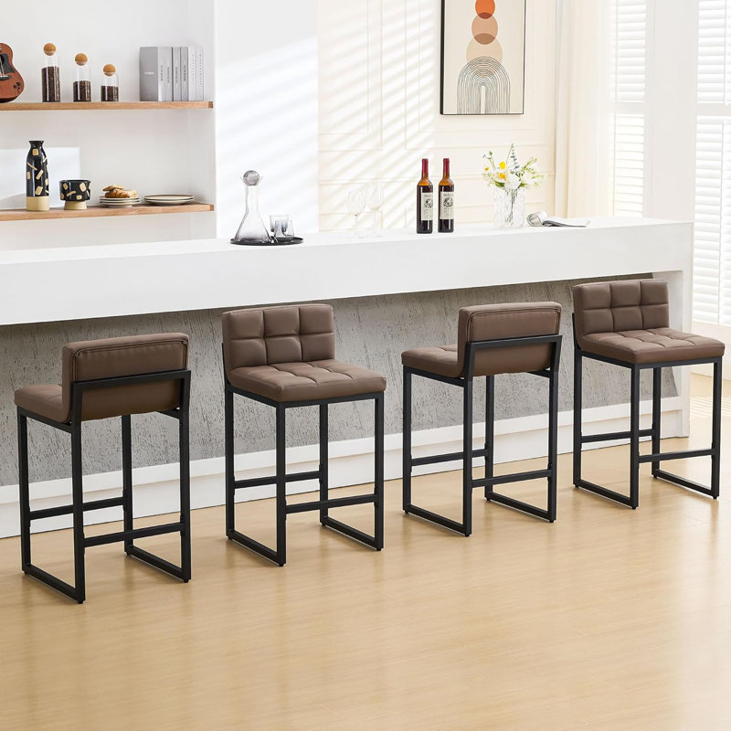 Tabouret de comptoir rembourré à dossier bas avec structure en métal épaissie pour îlot de cuisine, Brun, 4