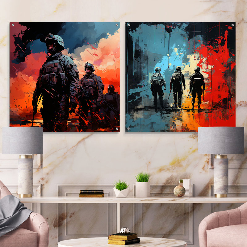 Armée militaire dans le chaos - Ensemble de 2 peintures murales en acrylique militaire, H 16 po x l 33 po