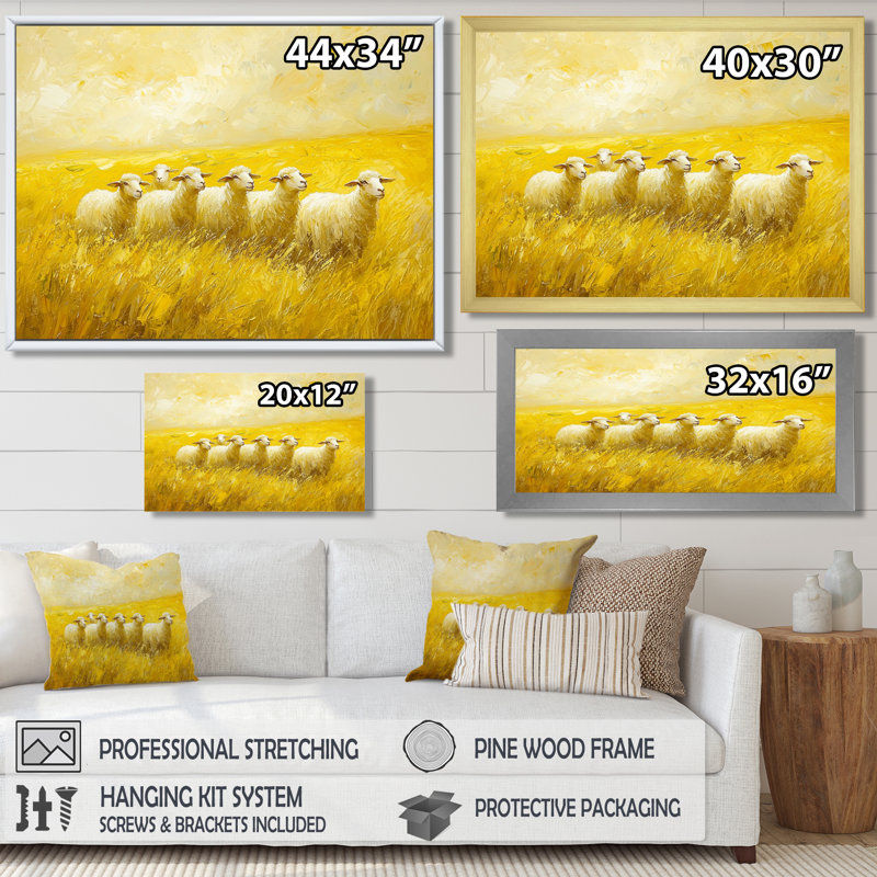 Diyaa Golden Fields of Sheep III - Sheep Large, art mural, H 30 po x l 40 po, Reproduction encadrée d'une seule photo