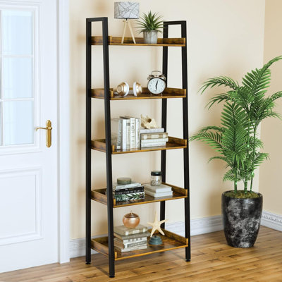 5-Tier Ladder Shelf Bookcase With Metal Frame - Industrial Style Open Storage Shelf For Bedroom, Living Room, Kitchen - Easy Assembly, Sturdy & Stable Freestanding Display Shelf
