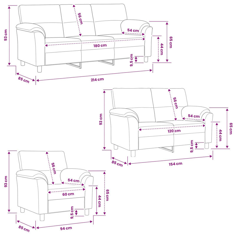 Ensemble de canapé 3 pièces en velours noir, 1-Seater + 2-Seater (47.24 in) + 3-Seater