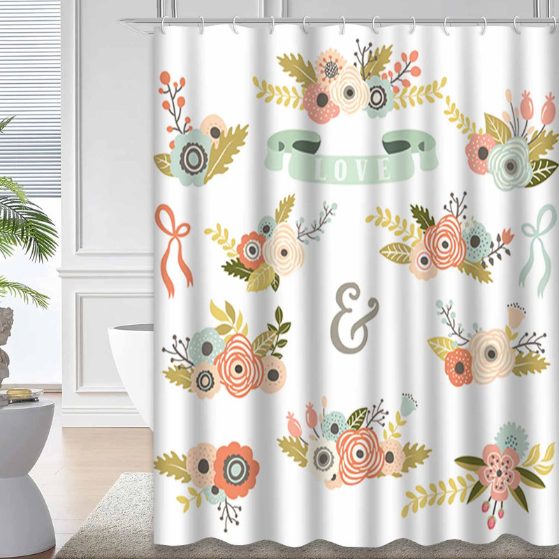 Rideau de douche rétro à motif floral avec 12 crochets, L 72 po x l 84 po
