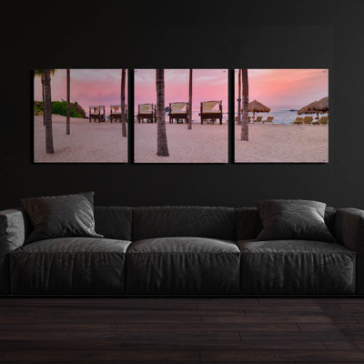 «Pink Beach» par Dennis Frates, art mural en verre acrylique, ensemble de 3 pièces, 72 po x 24 po