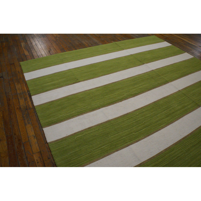 Tapis vert / blanc en laine noué à la main de conception unique 8 pi x 10 pi