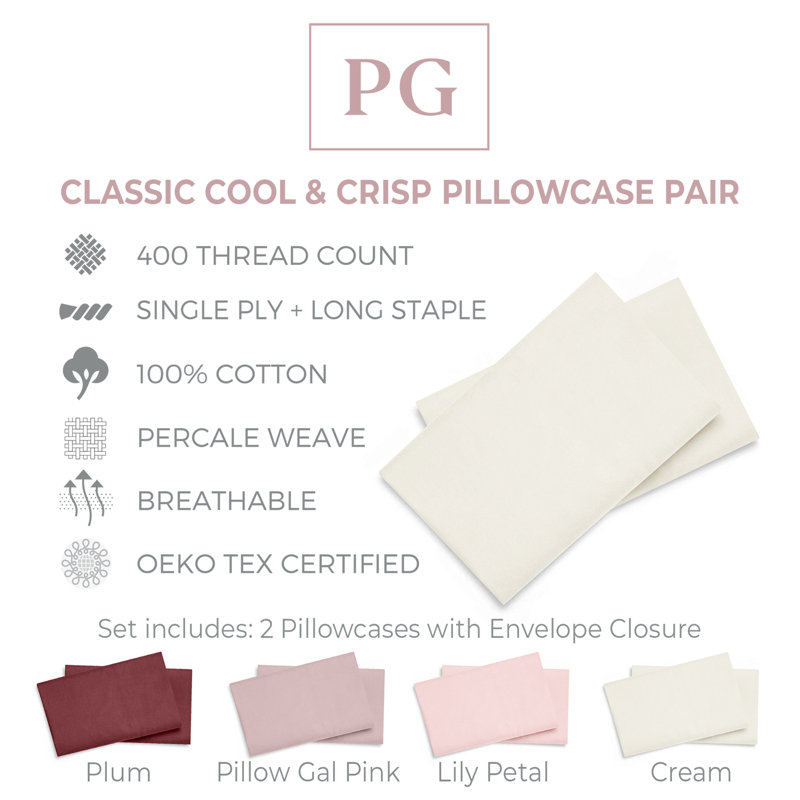 Classic Cool & Crisp 100% Cotton Percale Pillow Case Pair, Cream, Queen