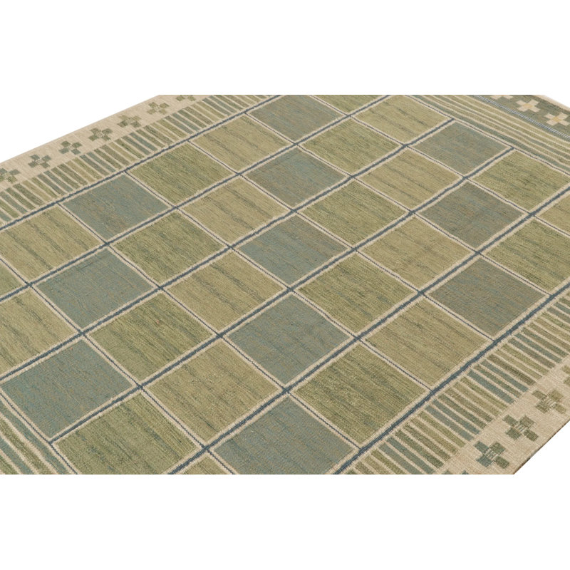 Rug & Kilim’S Scandinavian Rug Kilim In Green And Blue Geometric Pattern, Rectangle 9' x 12'