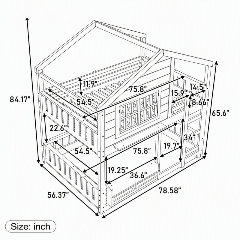 Lit superposé en forme de maison pour enfants, cadre de lit multifonctionnel avec toit, tablette intégrée et barrières de sécurité, lit en bois avec échelle pour chambre d'enfant