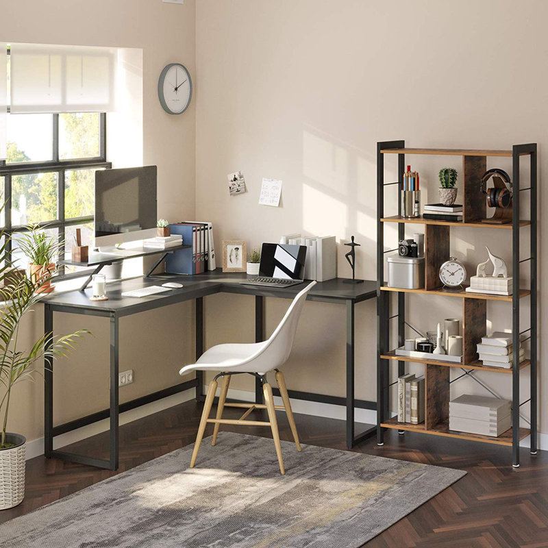 Evelin L-Shaped Metal Base Writing Desk, Black