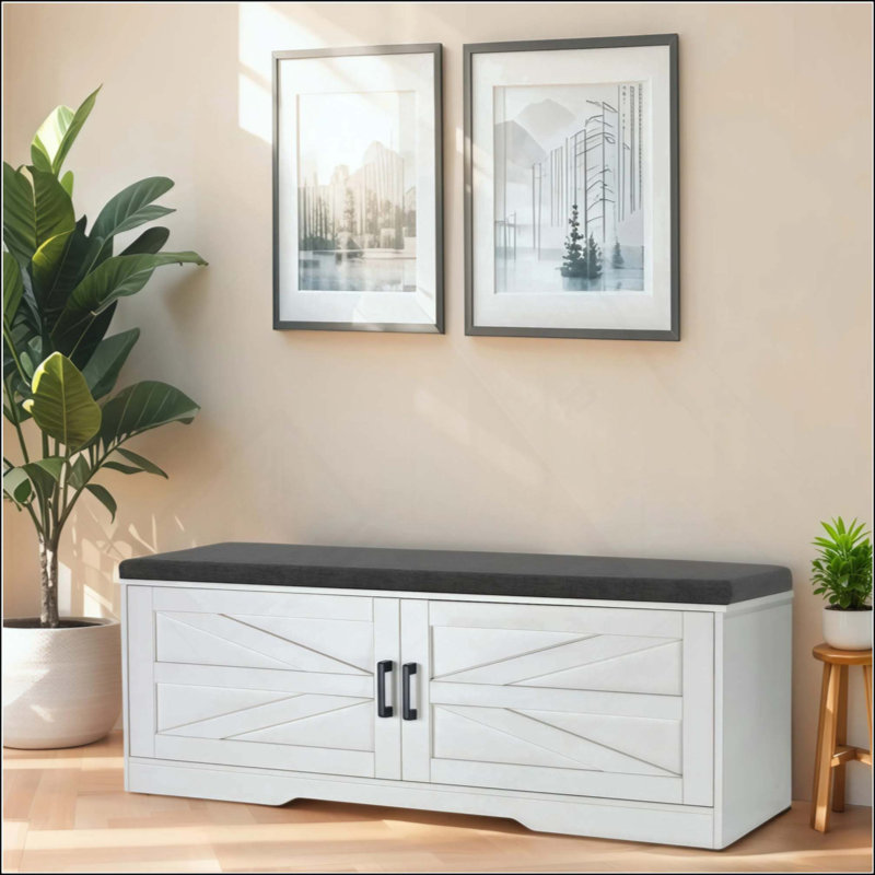 Banc de rangement à 2 niveaux, banc à chaussures de ferme avec coussin de siège rembourré, banc d'entrée avec 2 portes de grange et 2 tablettes réglables, pour le vestibule, la chambre à coucher, le salon