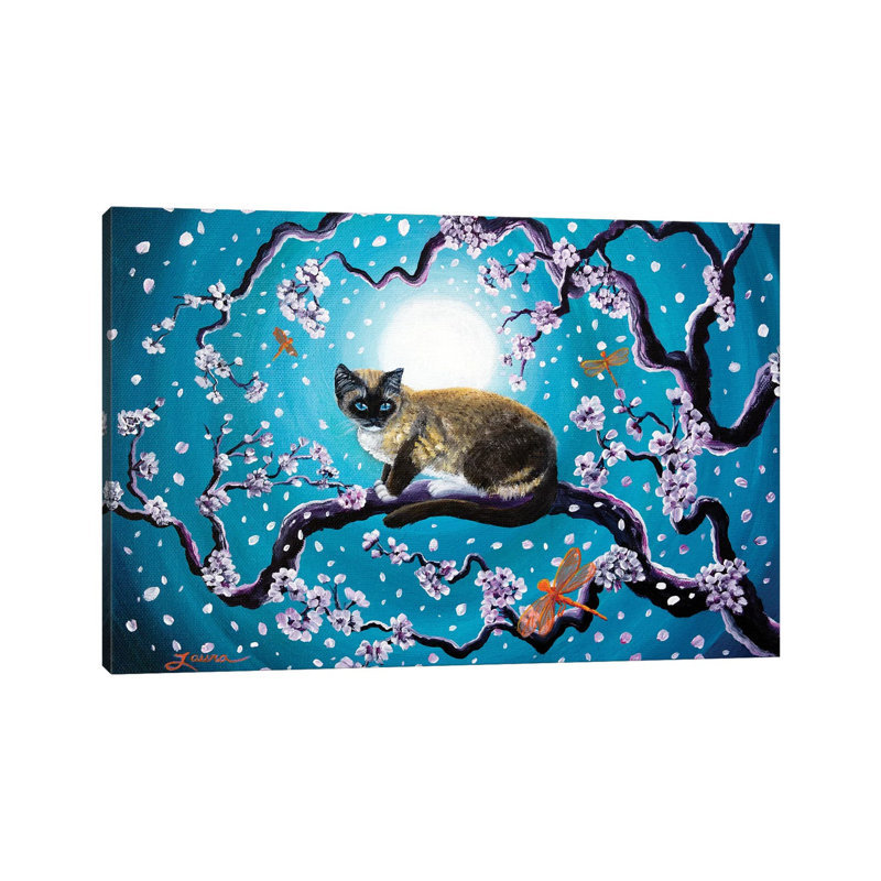 Snowshoe Cat And Dragonfly In Sakura 1 Piece Wrapped Canvas Painting, 30.48 cm H x 45.72 cm W