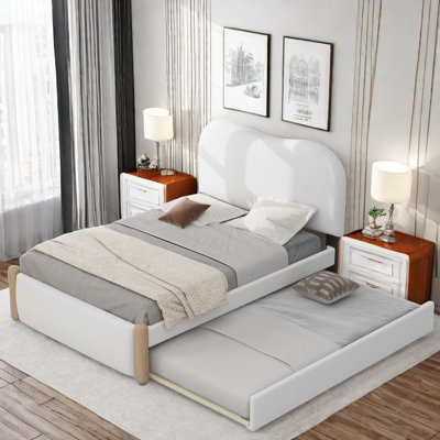 Lit plateforme tapissier avec pieds de support en bois et lit gigogne simple Madilyne