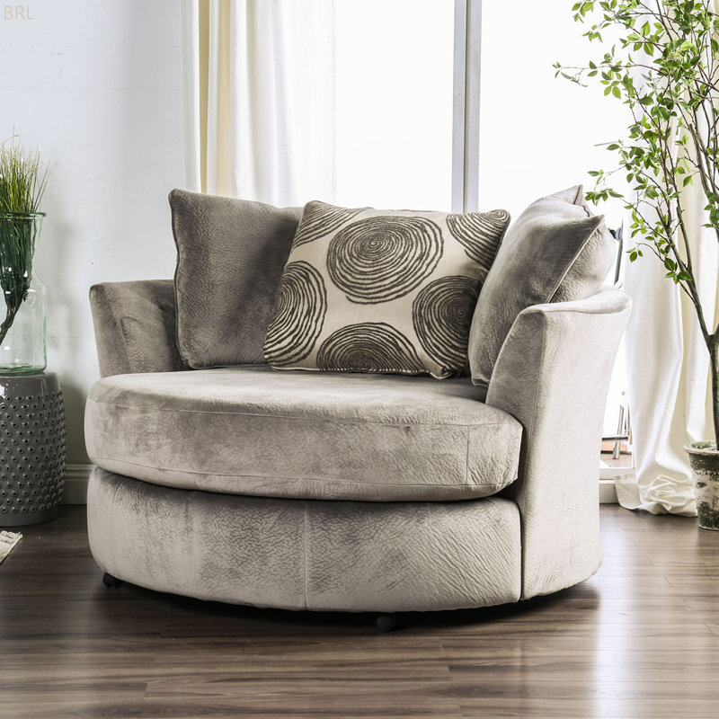 Finition de style transitionnel, chaise pivotante ronde, siège à coussin en T, dossier ajusté, accoudoirs Fla, oreiller inclus