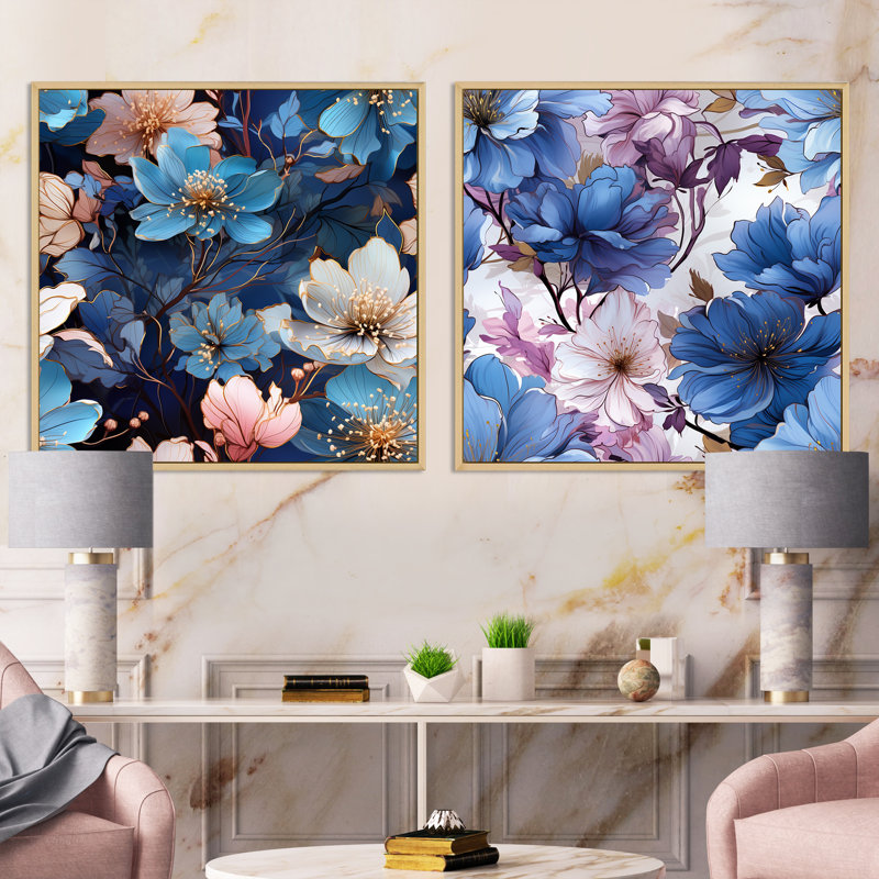 Artrip - Ensemble de 2 collages floraux carrés, Cadre flottant brun, H 30 po x l 61 po
