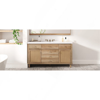 Meuble-lavabo de 60 po avec lavabo SMC, grande armoire de rangement moderne avec tiroirs à fermeture en douceur et portes en rotin, métal argenté et 5 pieds en pin, naturel