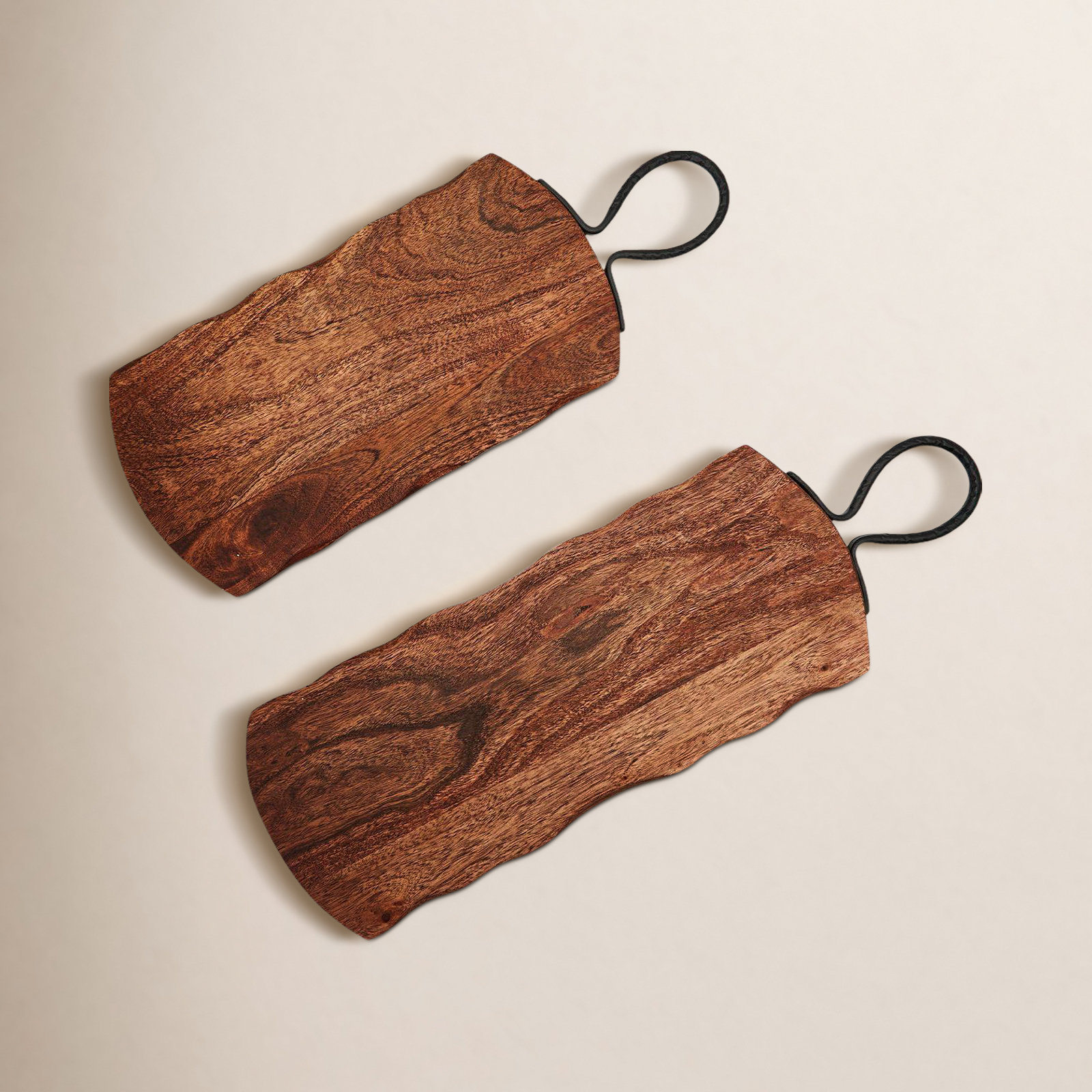 Rustic Edge Set Of 2 Serving Boards With Hammered Iron Handle