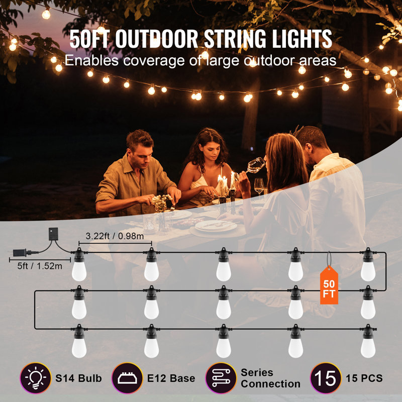 Guirlandes lumineuses d'extérieur RVB RVB, 50 pi, lumières de patio extérieur avec contrôle APP 15 ampoules, 15 réglages de luminosité réglables d'une seule couleur, lumières suspendues imperméables pour les décorations d'Halloween de Noël