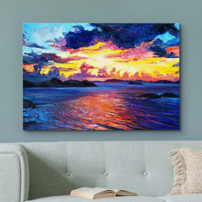 " Seascape Horizon Nature Navy Blue Ocean Yellow Sunset Modern Art Rustic Dramatic Multicolor "