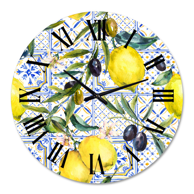 Lemon Ornament On Blue Geometrical Pattern III - Tropical Wall Clock, 36" H x 36" W x 1" D
