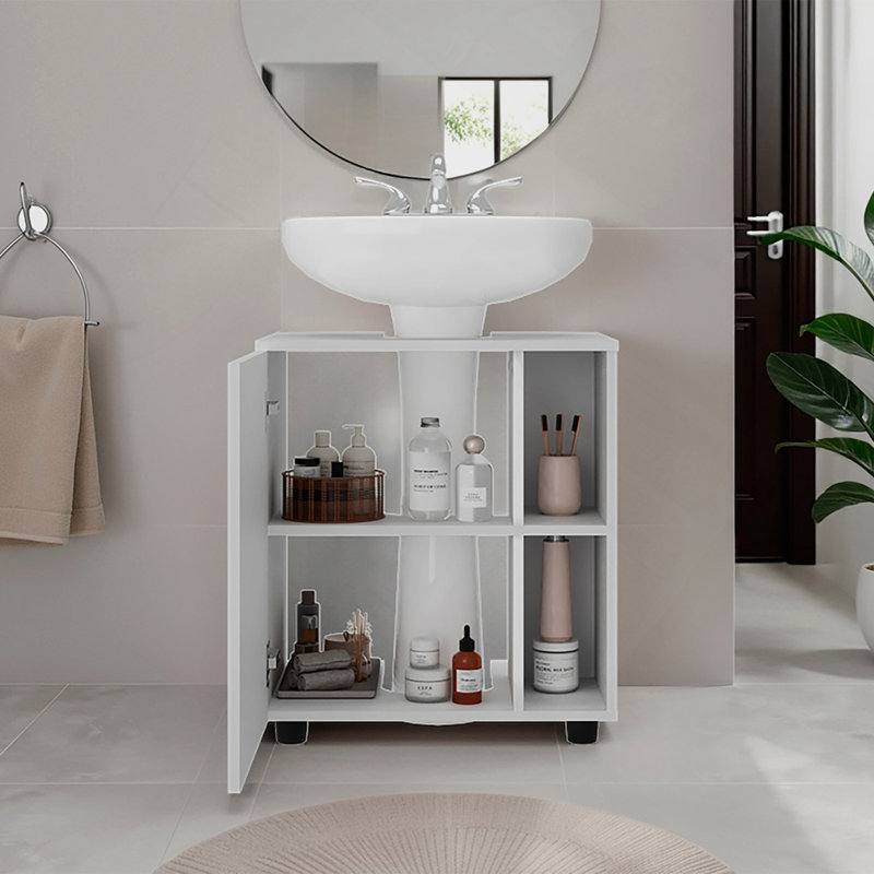 Parade Under Pedestal Sink Cabinet, 1 Door, 5 Open Compartments, Melamine Finish, White, White