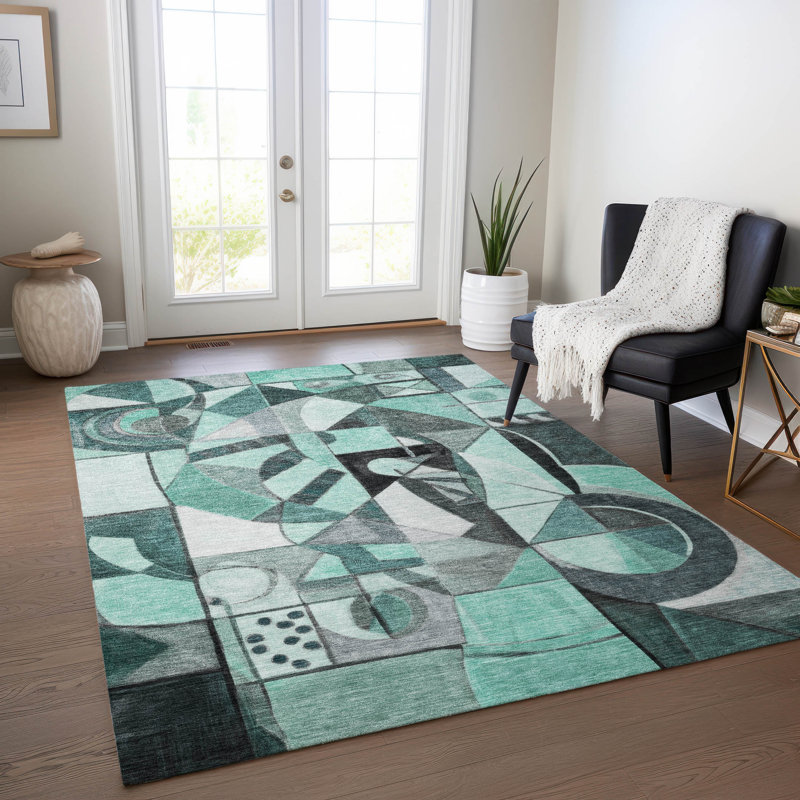 Tapis bleu sarcelle lavable à la machine intérieur / extérieur Xhevrie, Rectangle 10 pi x 14 pi