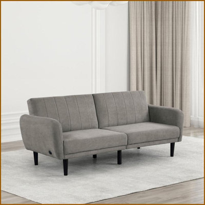 Canapé-lit futon convertible moderne gris avec ports USB - Dossier capitonné cannelé et amp; Bras de roulement | Gris | Tissu | Dossier capitonné