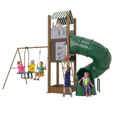 Multi-Function Backyard Playset for Kids 3-10, Heavy-Duty Galvanized Steel with Tube Slide, Dual Swings, Climbing Structure, Hoop & Built-in Sandbox