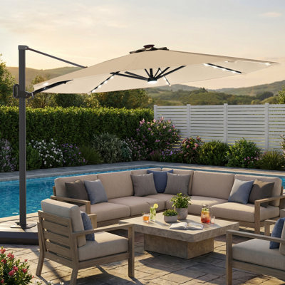 11' Large Hanging Outdoor Umbrella with Solar LED Glow Strips, 360-Degree Rotating Sunshade and Matching Base for Patio, Sand