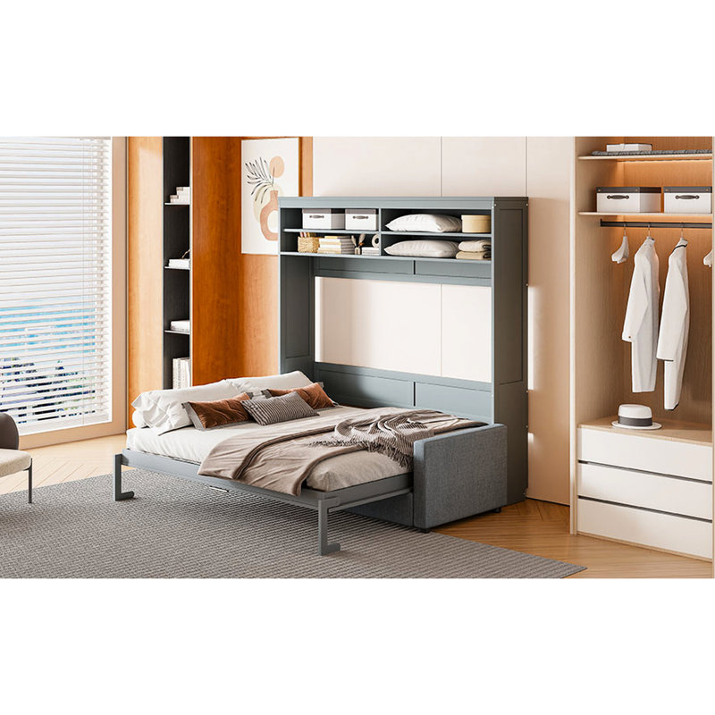 Grand lit gris avec option de couchage polyvalente pour maximiser le nombre de pièces