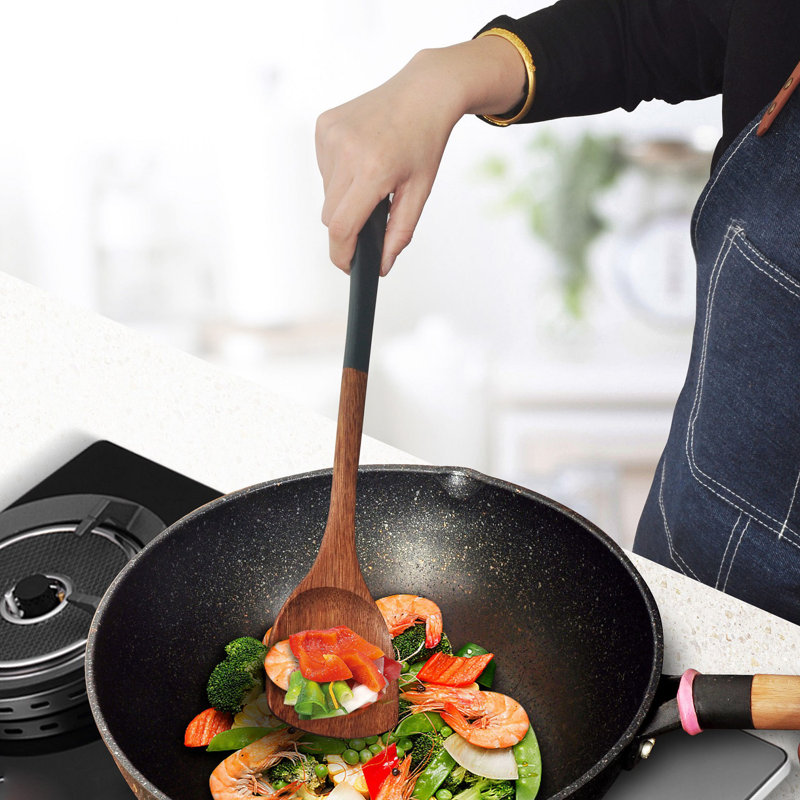 Spatule en bois à long manche, spatule de cuisson antiadhésive en bois vert, ustensiles de cuisine