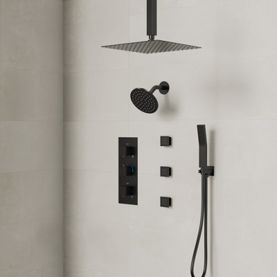 Système de pomme de douche thermostatique double, robinet de douche à pluie haute pression 12 "avec douchette à fixation au plafond