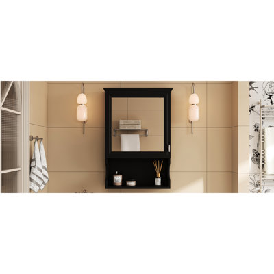 Armoire de salle de bain murale avec miroir, dimensions de 20 po, couleur noire, design moderne, tablettes réglables, porte simple, bois massif et métal, bois de rangement à charnières,
