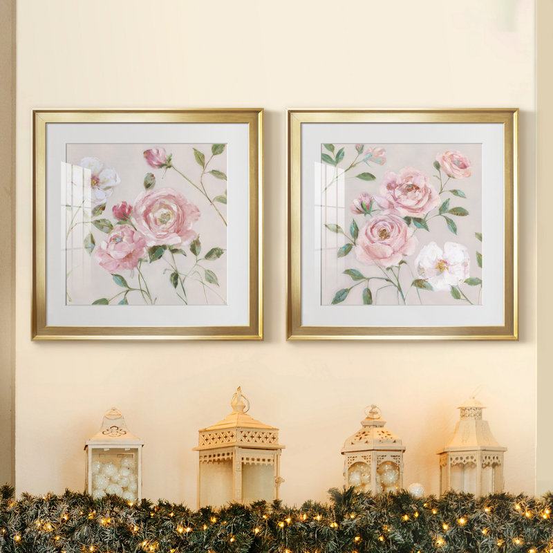 Cottage Sweet Roses I - ensemble de 2 reproductions d'art encadrées, H 17,5 po x l 35 po, Doré
