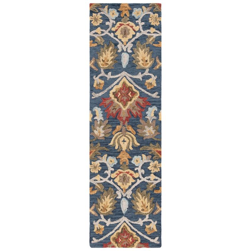 Floral Wool Hand Tufted Area Rug, Blue/Brown, Runner 69 x 305 cm