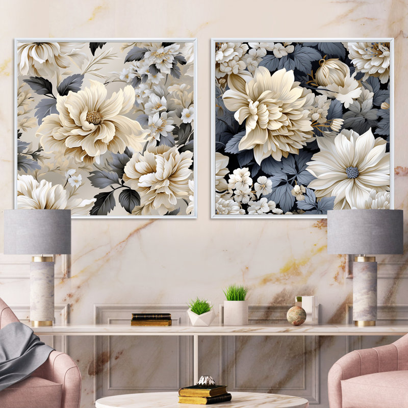 Shelbie - Ensemble de 2 collages floraux carrés, Cadre flottant blanc, H 36 po x l 73 po