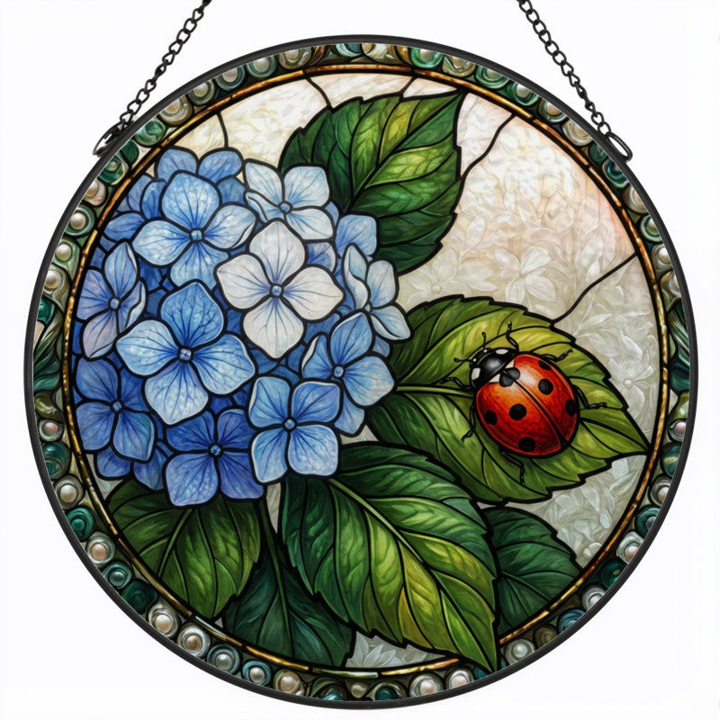 Panneau de vitrail 12 "H Flower Ladybug, H 12 po x l 12 po