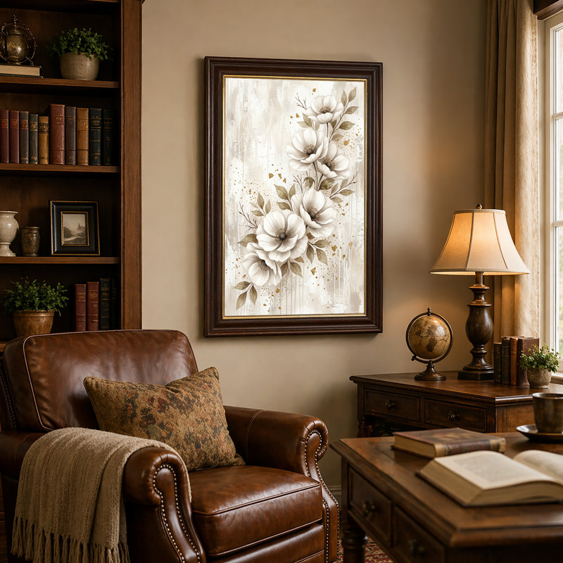 Art mural sur toile avec fleurs blanches avec taches dorées et fond texturé, 18"H x 12"W