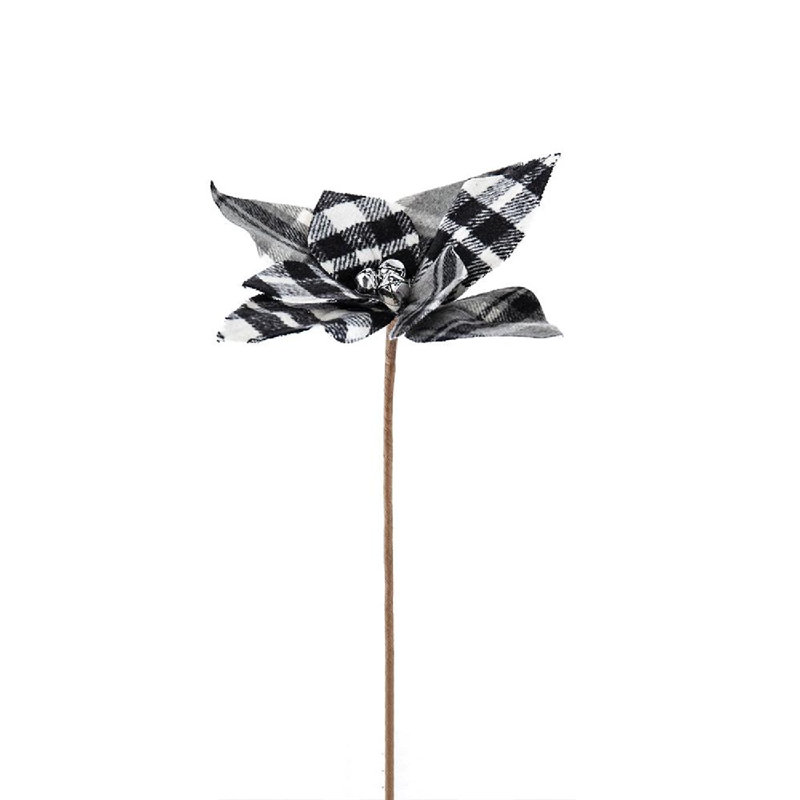 13" Black and White Plaid Poinsettia Stems Set of 12